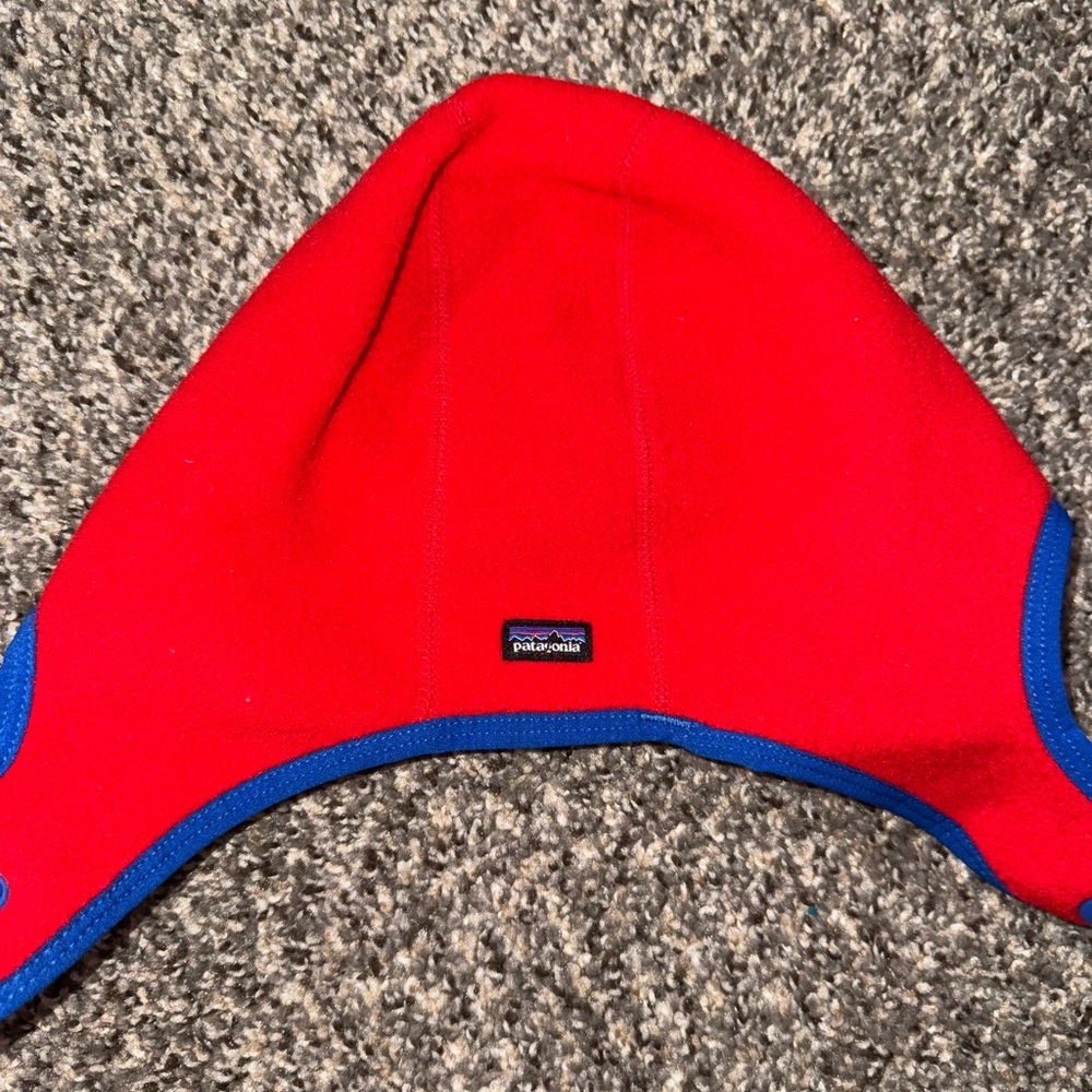 Patagonia Red and Blue Fleece Hat with Ear Flaps